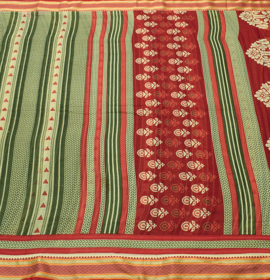Sushila Vintage Green Red Saree 100% Pure Cotton Printed Woven Soft Craft Fabric