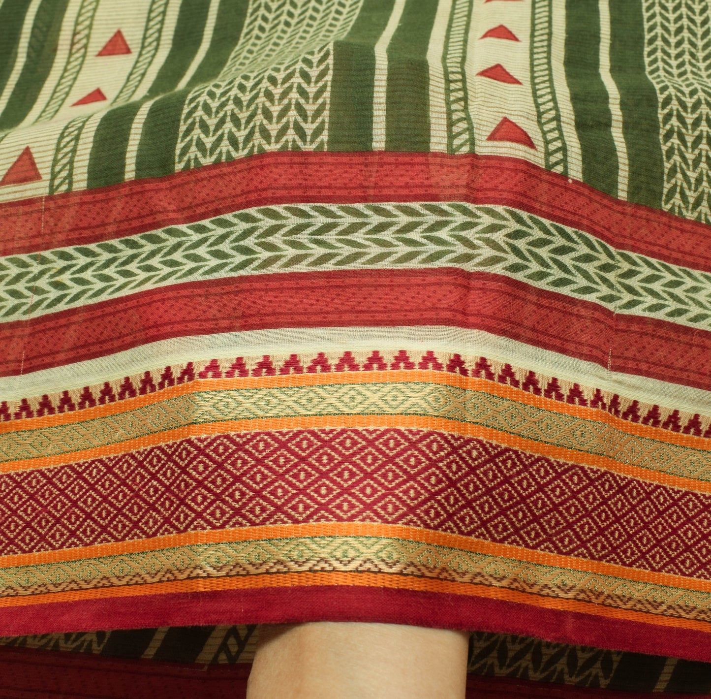 Sushila Vintage Green Red Saree 100% Pure Cotton Printed Woven Soft Craft Fabric