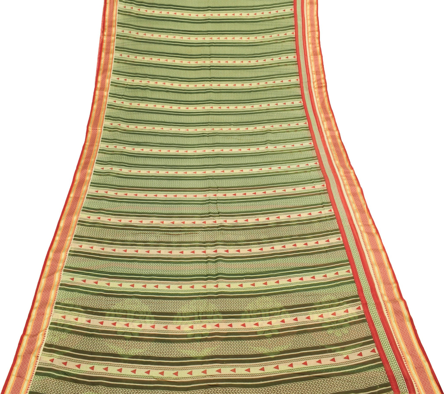 Sushila Vintage Green Red Saree 100% Pure Cotton Printed Woven Soft Craft Fabric
