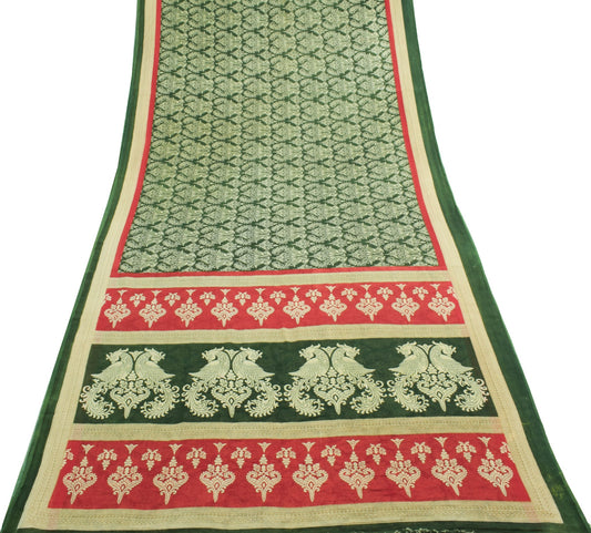 Sushila Vintage Green Saree 100% Pure Cotton Peacock Printed Soft Craft Fabric