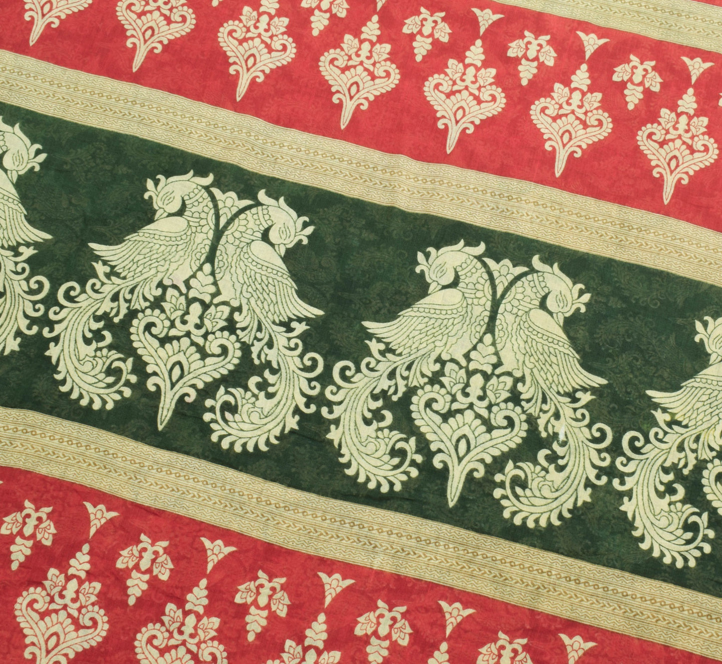 Sushila Vintage Green Saree 100% Pure Cotton Peacock Printed Soft Craft Fabric