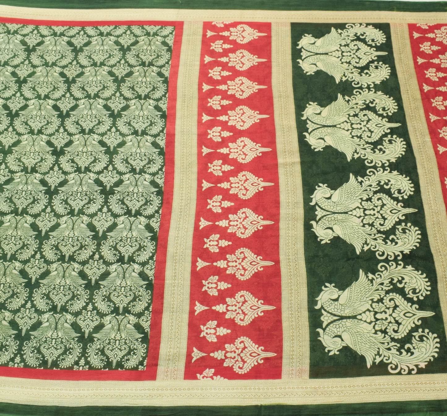 Sushila Vintage Green Saree 100% Pure Cotton Peacock Printed Soft Craft Fabric