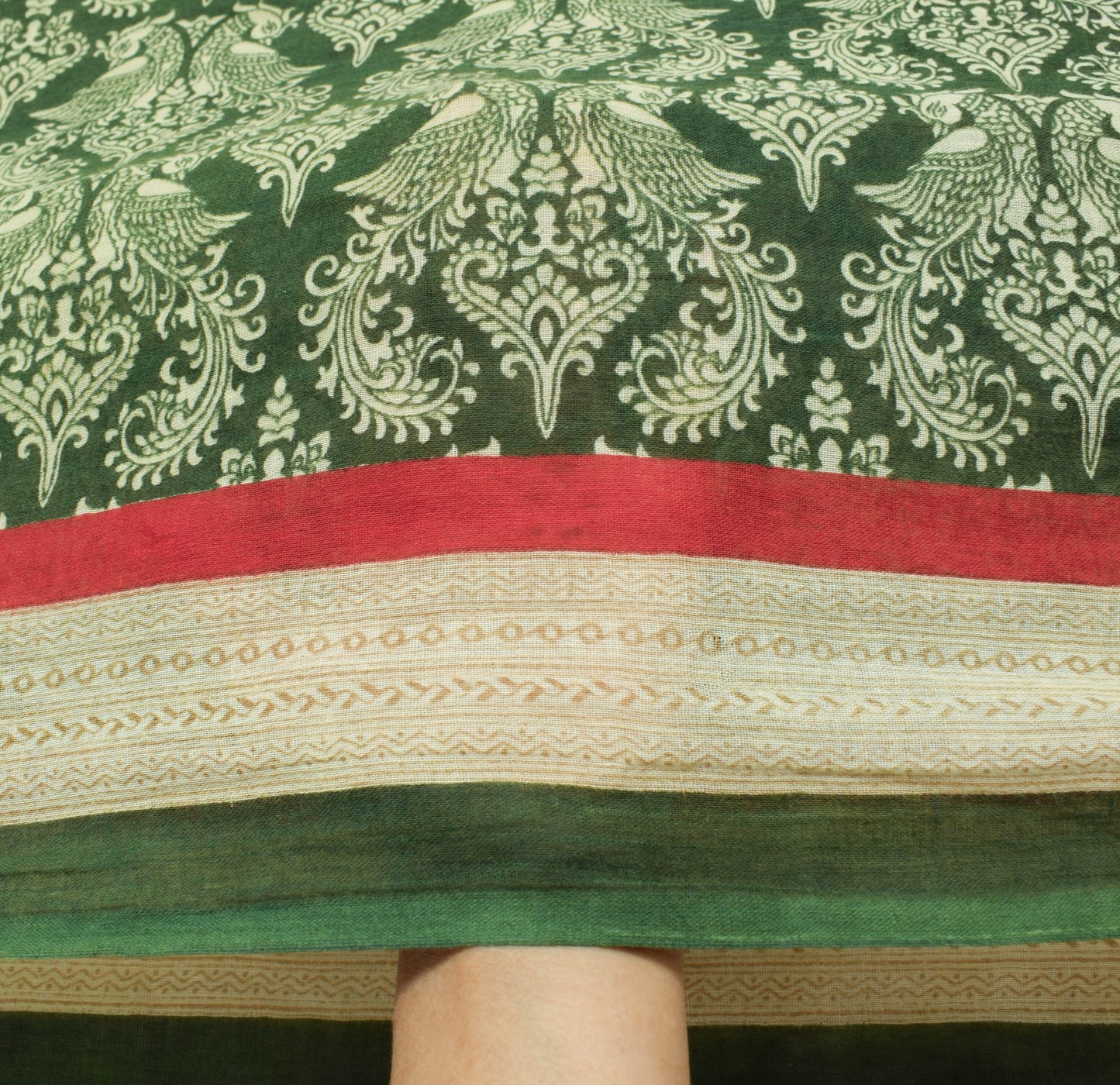 Sushila Vintage Green Saree 100% Pure Cotton Peacock Printed Soft Craft Fabric