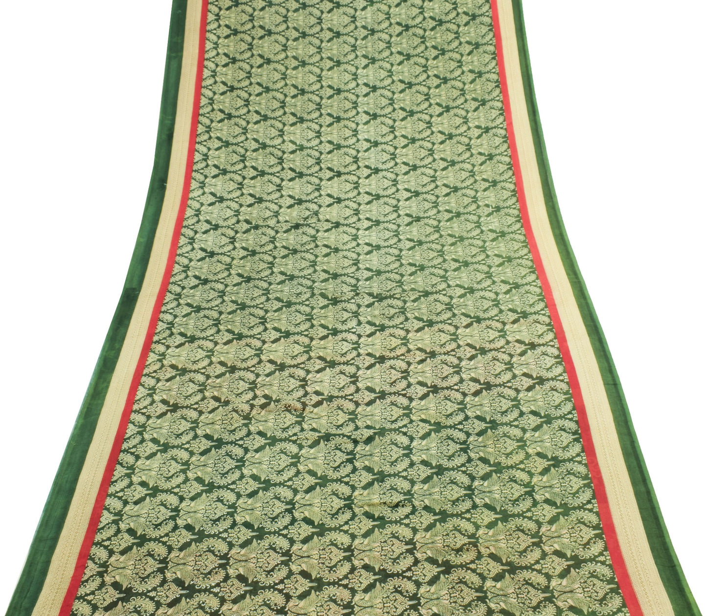 Sushila Vintage Green Saree 100% Pure Cotton Peacock Printed Soft Craft Fabric