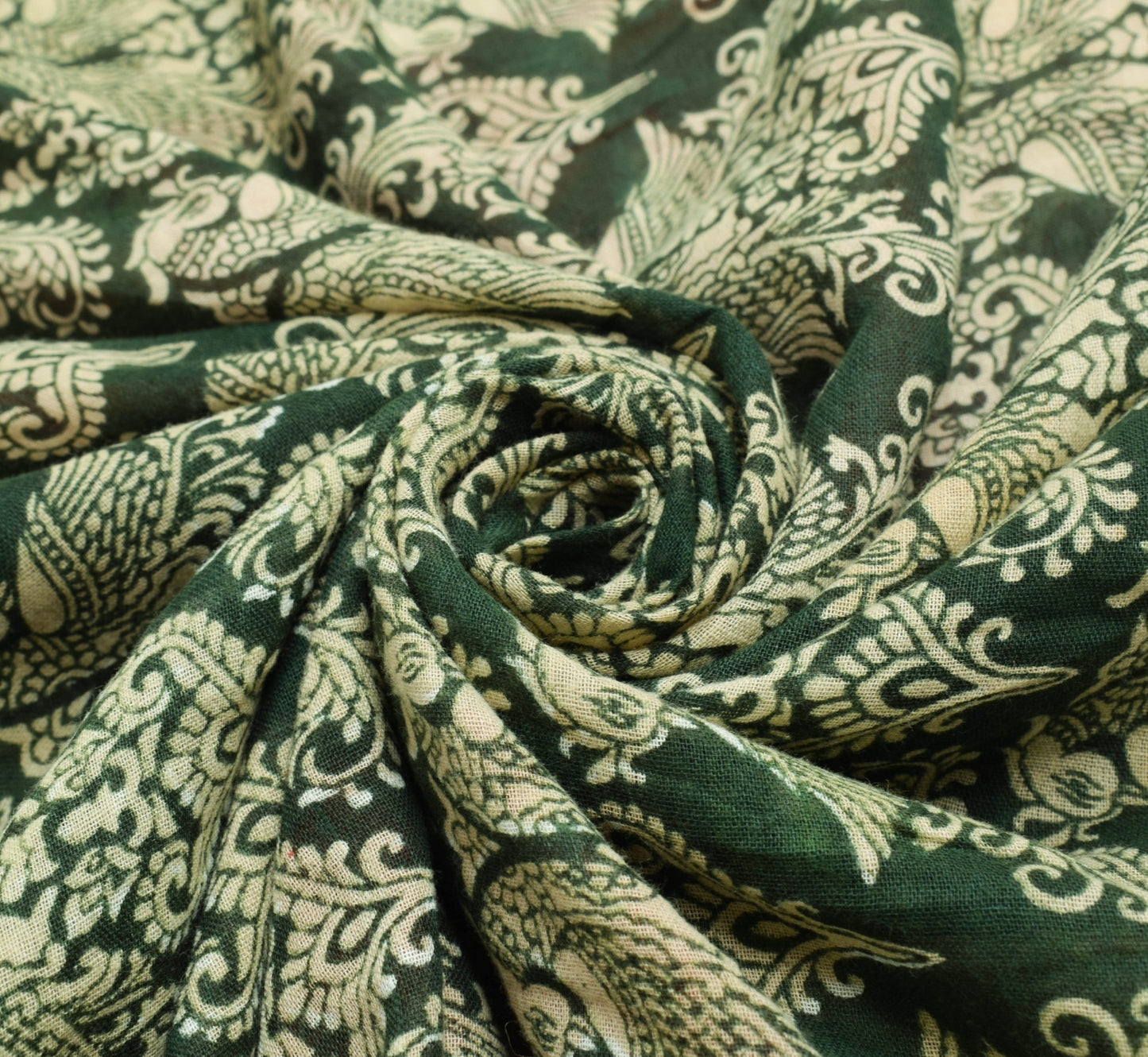 Sushila Vintage Green Saree 100% Pure Cotton Peacock Printed Soft Craft Fabric