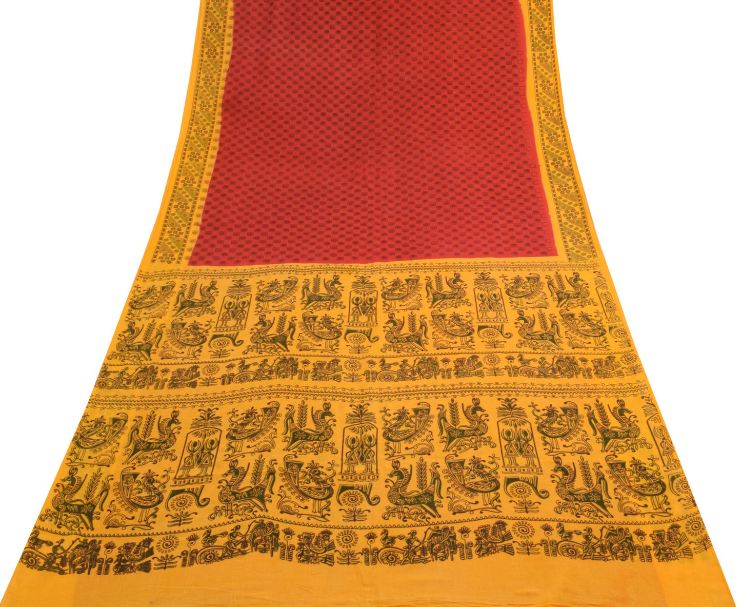Sushila Vintage Red Yellow Saree Floral Pure Cotton Printed Soft Craft Fabric