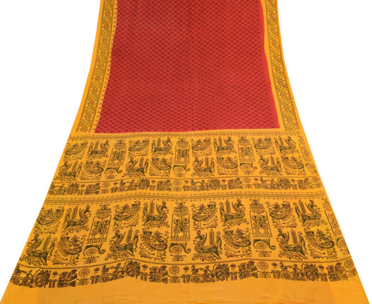 Sushila Vintage Red Yellow Saree Floral Pure Cotton Printed Soft Craft Fabric