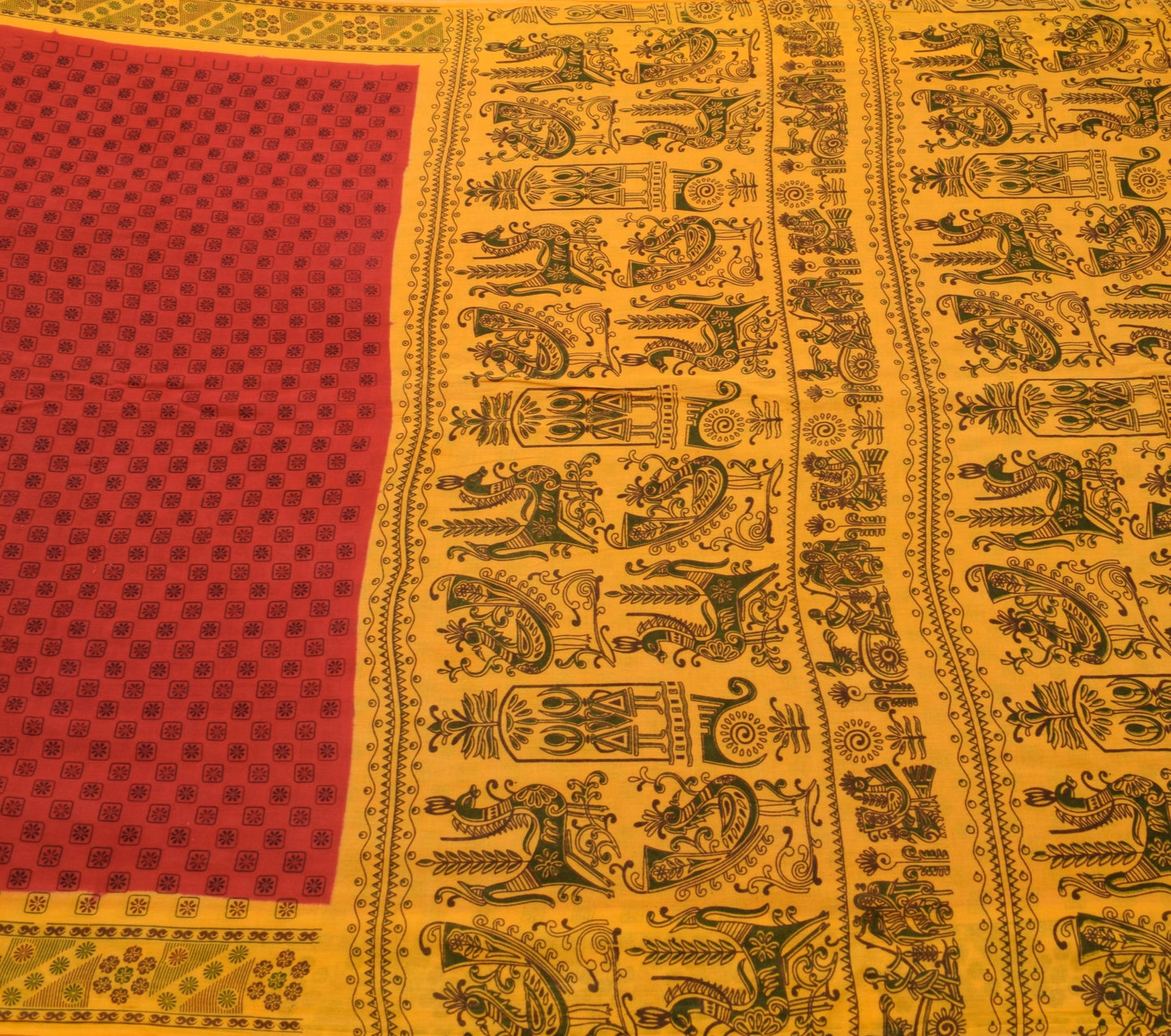 Sushila Vintage Red Yellow Saree Floral Pure Cotton Printed Soft Craft Fabric