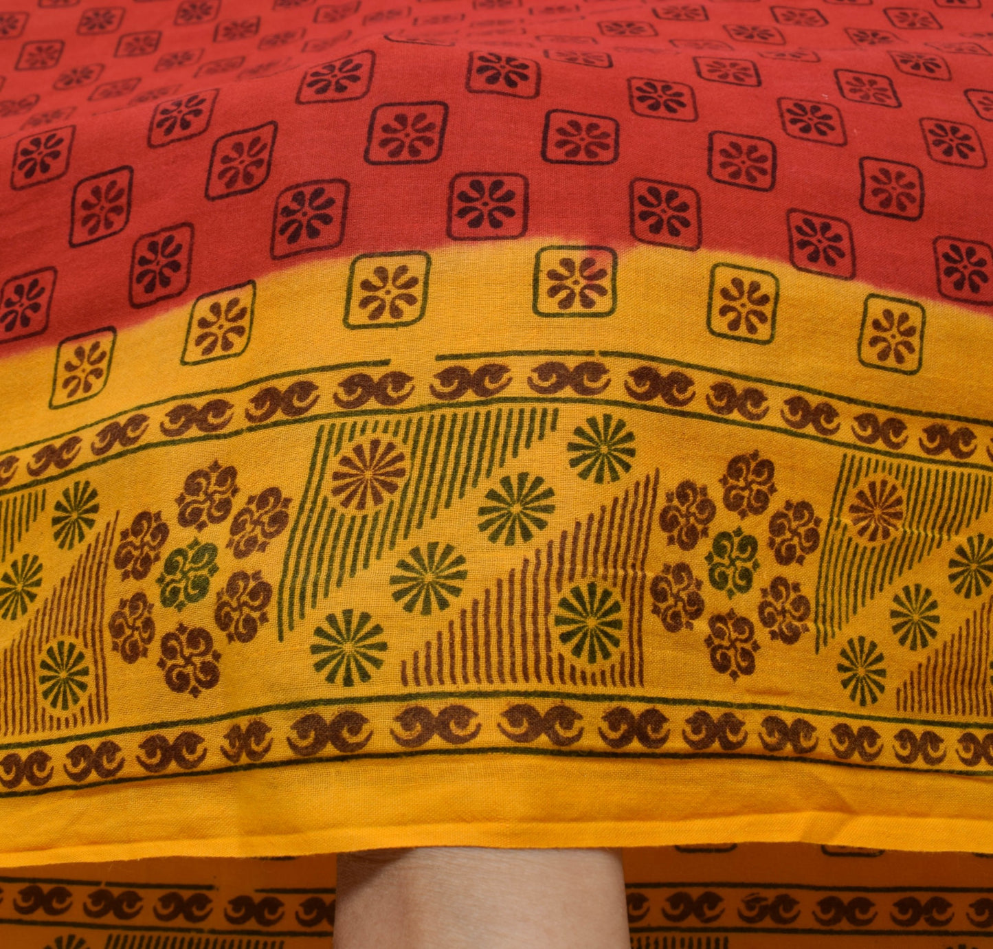 Sushila Vintage Red Yellow Saree Floral Pure Cotton Printed Soft Craft Fabric
