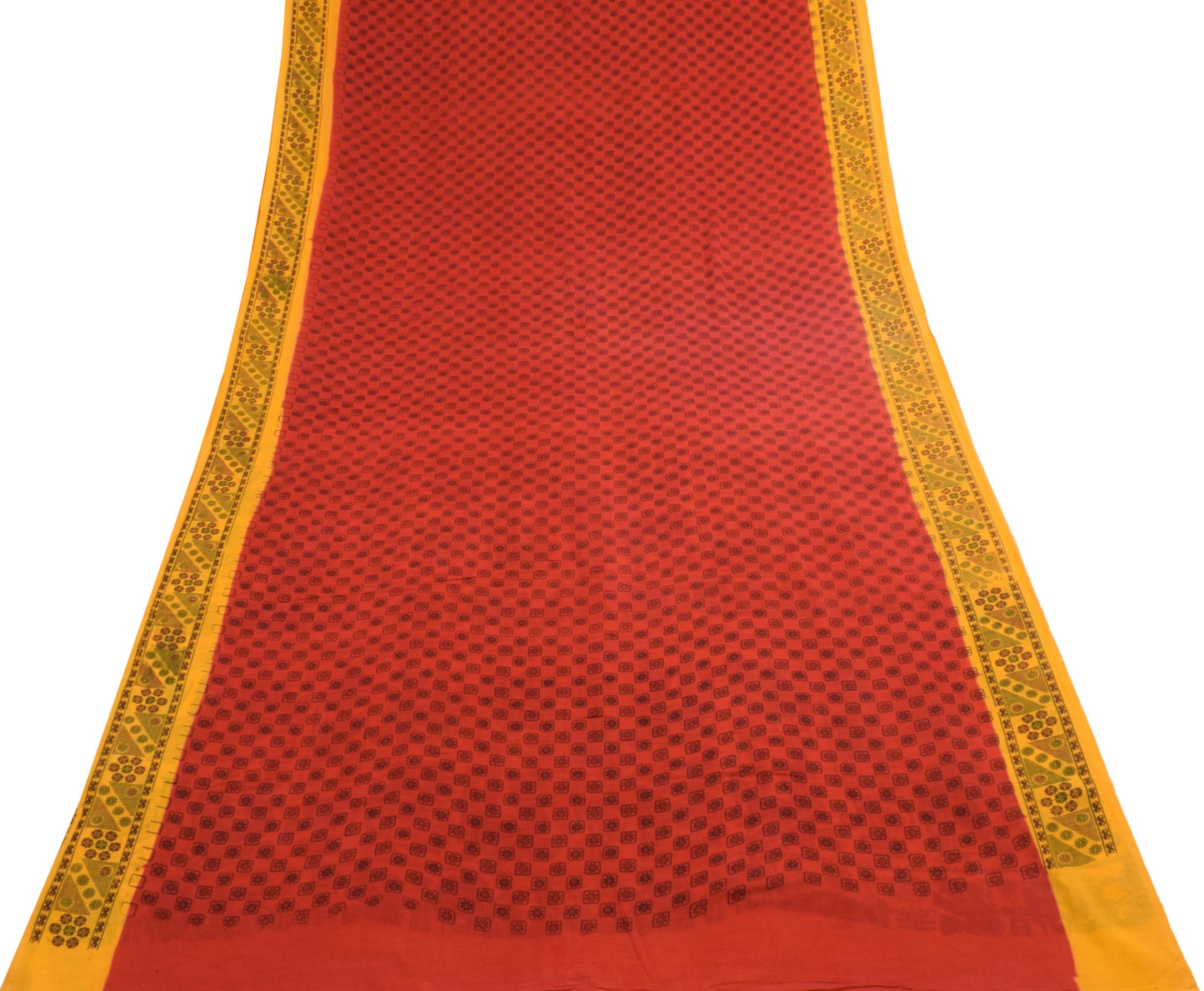 Sushila Vintage Red Yellow Saree Floral Pure Cotton Printed Soft Craft Fabric