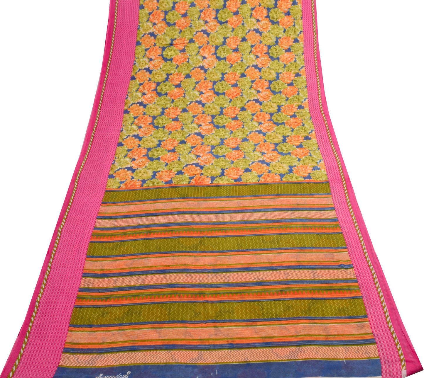 Sushila Vintage Saree 100% Pure Cotton Printed Blue Floral Soft Craft Fabric