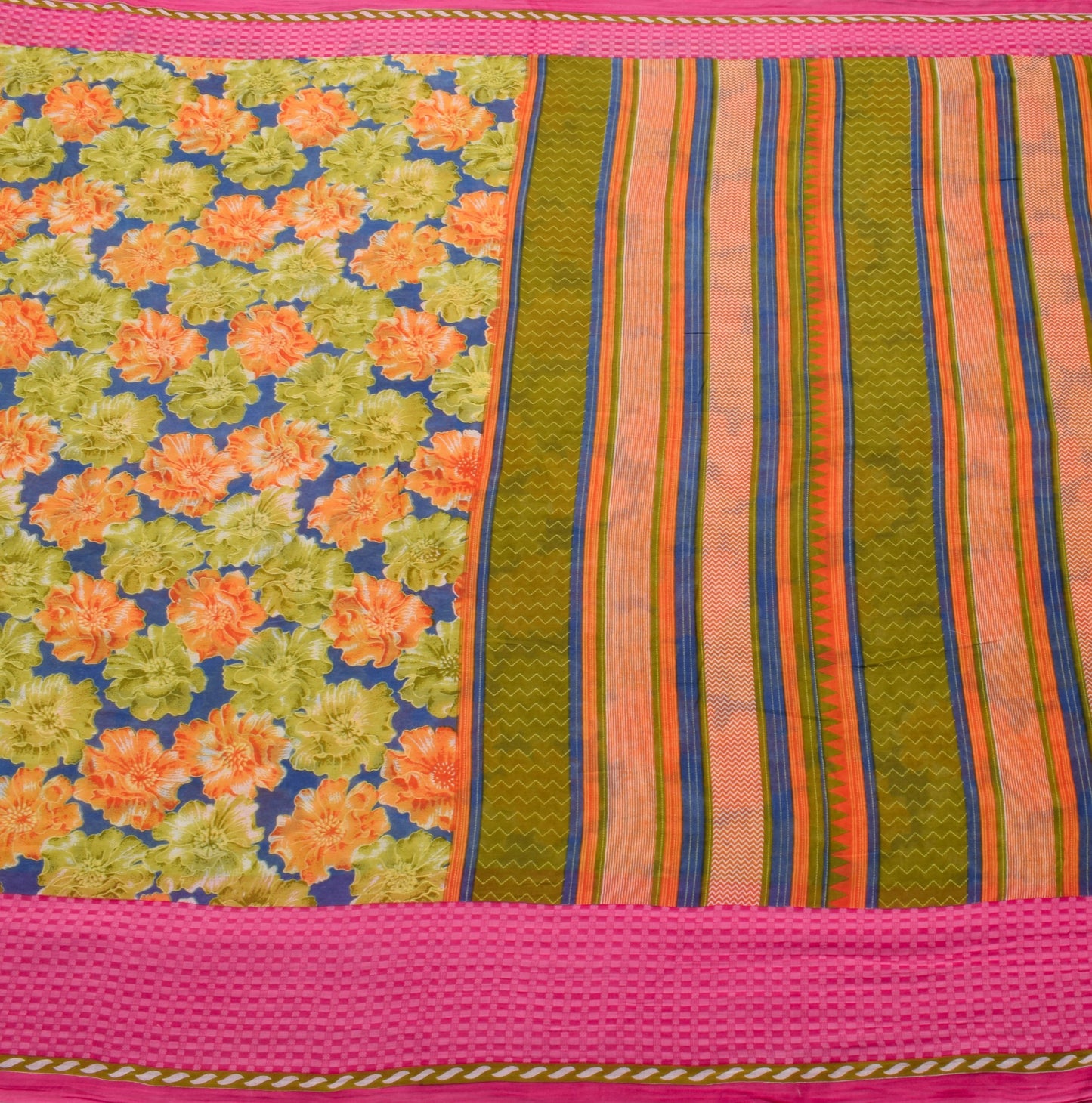 Sushila Vintage Saree 100% Pure Cotton Printed Blue Floral Soft Craft Fabric