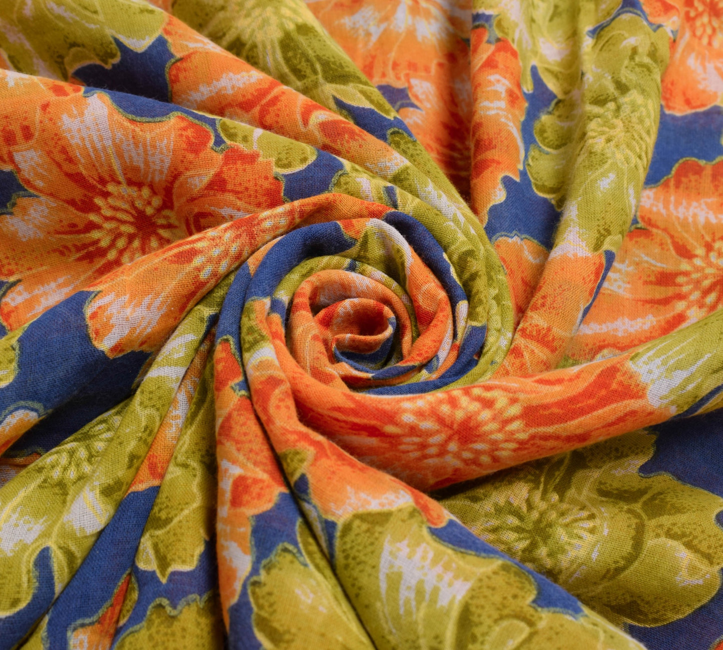 Sushila Vintage Saree 100% Pure Cotton Printed Blue Floral Soft Craft Fabric