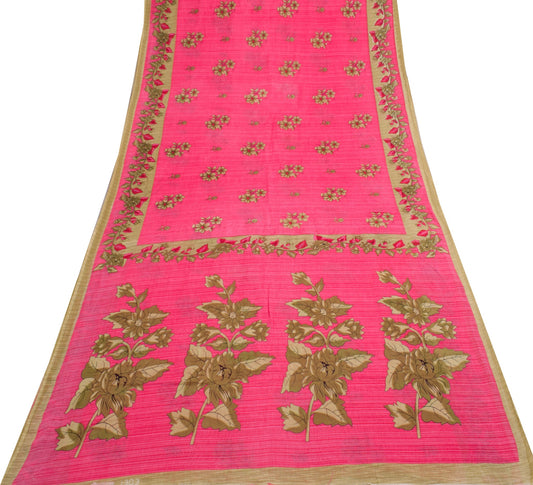 Sushila Vintage Saree 100% Pure Cotton Printed Pink Floral Soft Craft Fabric