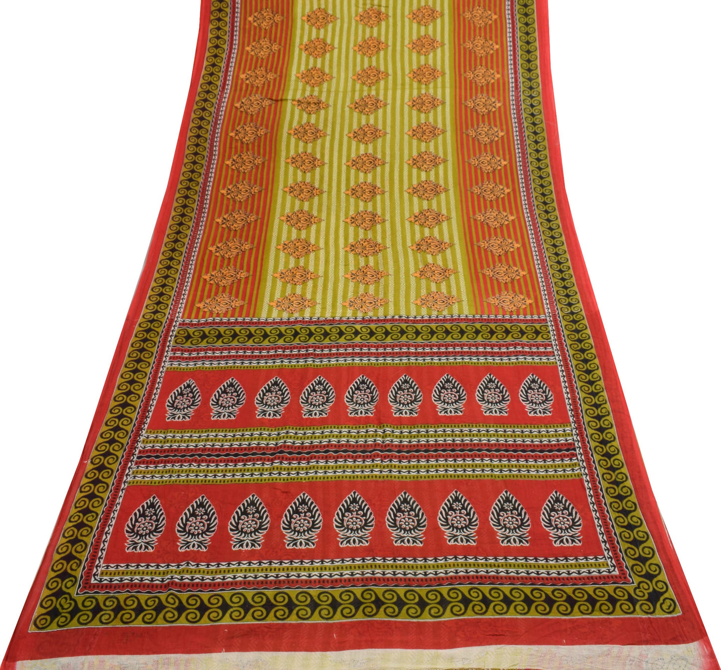 Sushila Vintage Red Green Saree 100%Pure Cotton Printed Floral Soft Craft Fabric