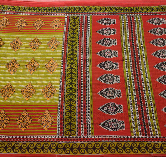 Sushila Vintage Red Green Saree 100%Pure Cotton Printed Floral Soft Craft Fabric
