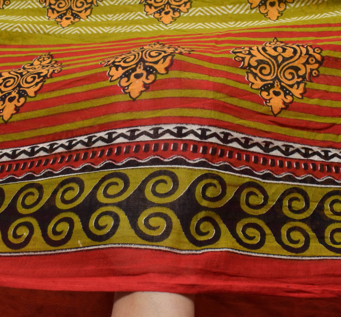 Sushila Vintage Red Green Saree 100%Pure Cotton Printed Floral Soft Craft Fabric