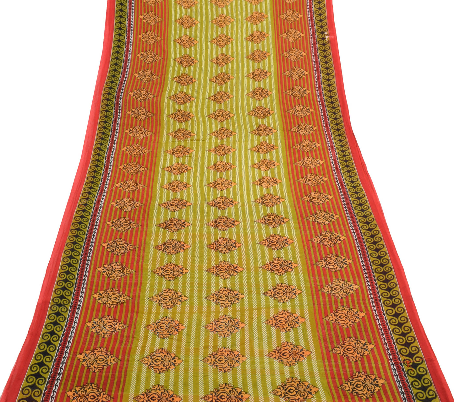 Sushila Vintage Red Green Saree 100%Pure Cotton Printed Floral Soft Craft Fabric