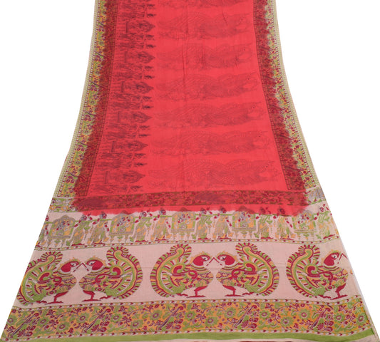 Sushila Vintage Saree 100% Pure Cotton Red Kalamkari Printed Soft Craft Fabric