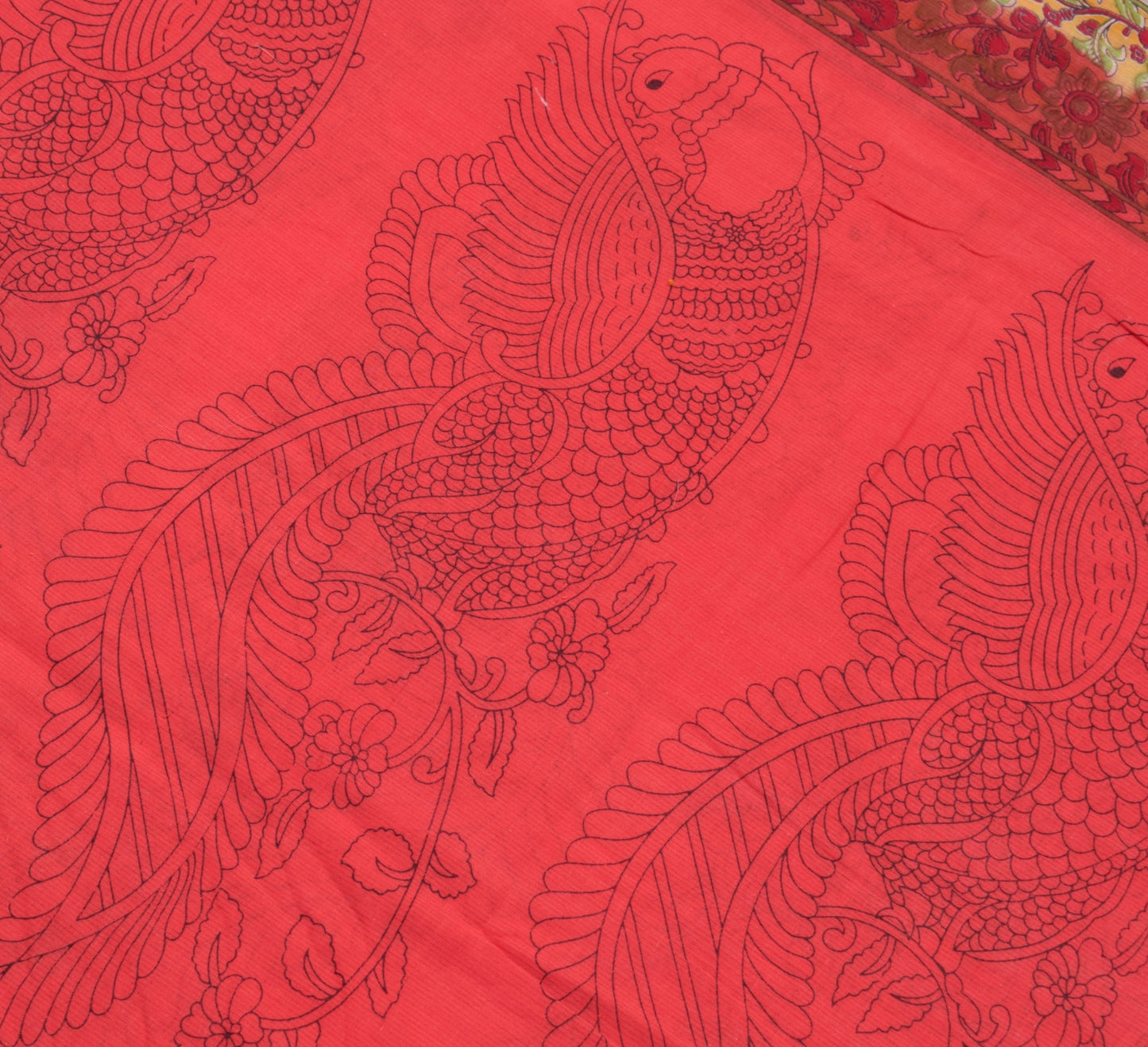 Sushila Vintage Saree 100% Pure Cotton Red Kalamkari Printed Soft Craft Fabric