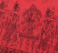 Sushila Vintage Saree 100% Pure Cotton Red Kalamkari Printed Soft Craft Fabric