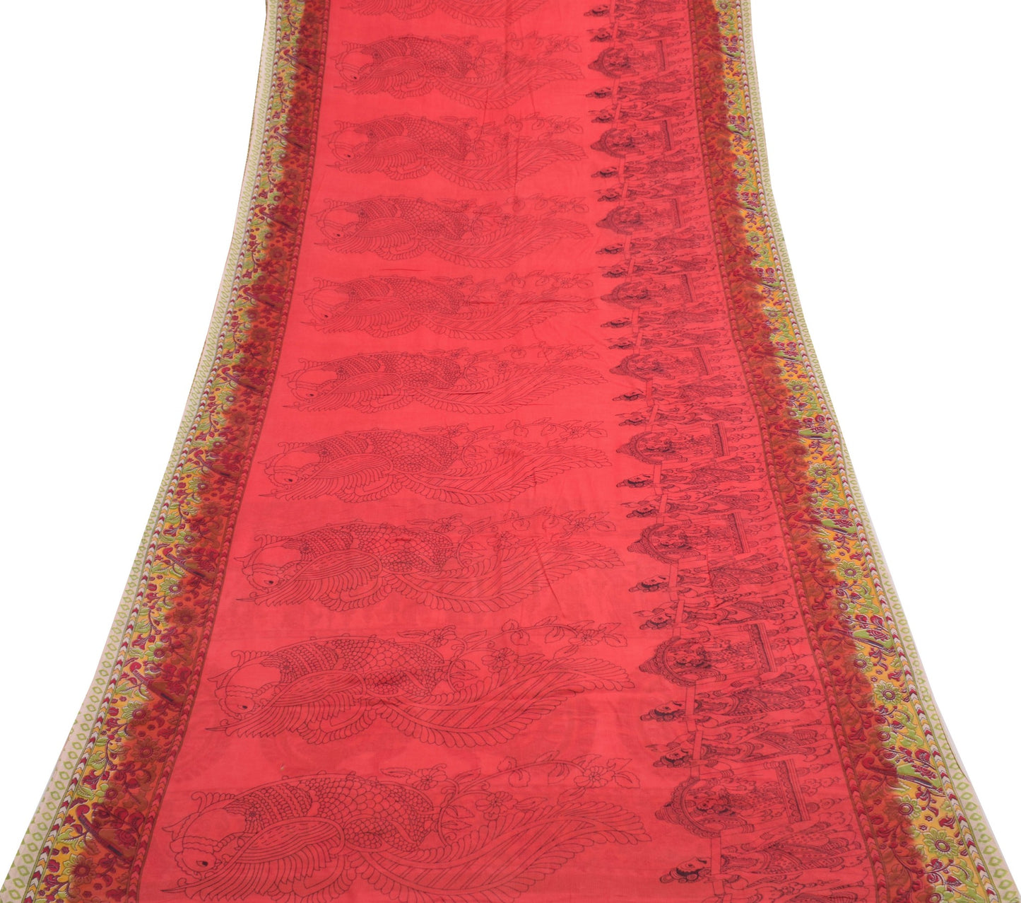 Sushila Vintage Saree 100% Pure Cotton Red Kalamkari Printed Soft Craft Fabric