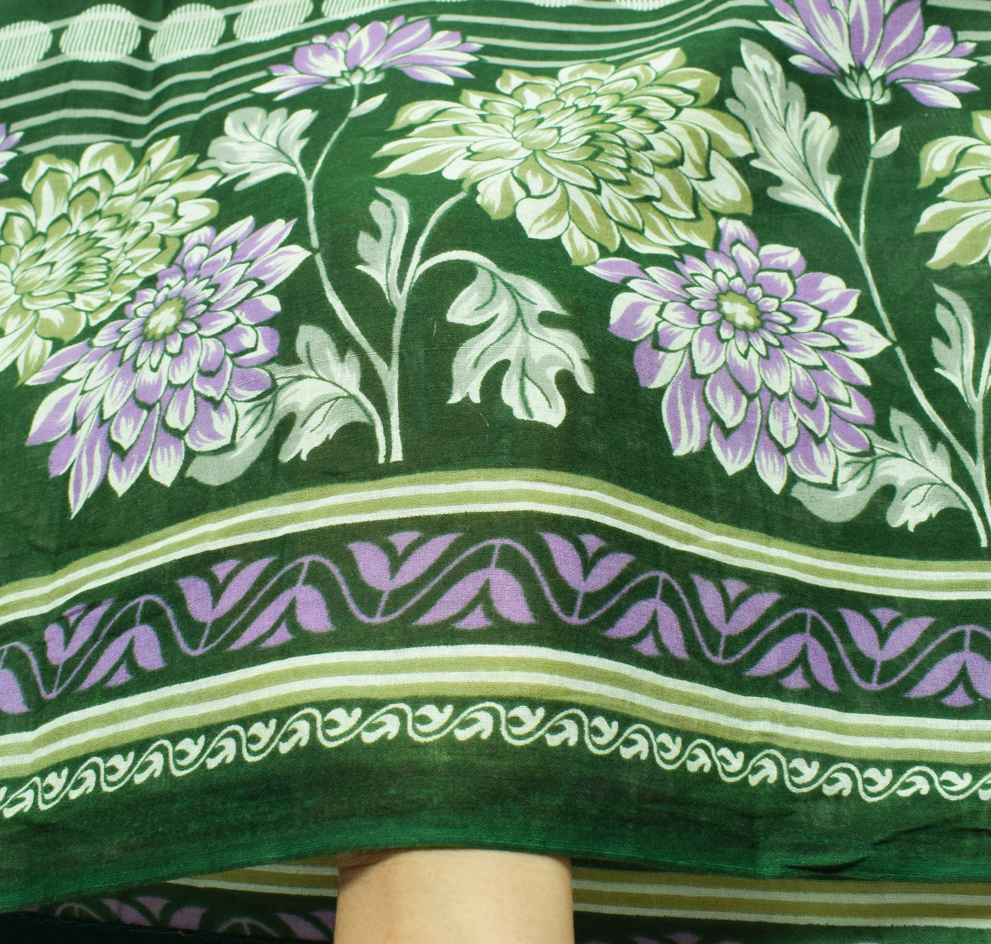 Sushila Vintage Green Purple Saree 100% Pure Cotton Printed Floral Craft Fabric