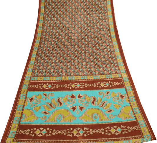 Sushila Vintage Brown Saree Pure Cotton Birds Animal Printed Soft Craft Fabric