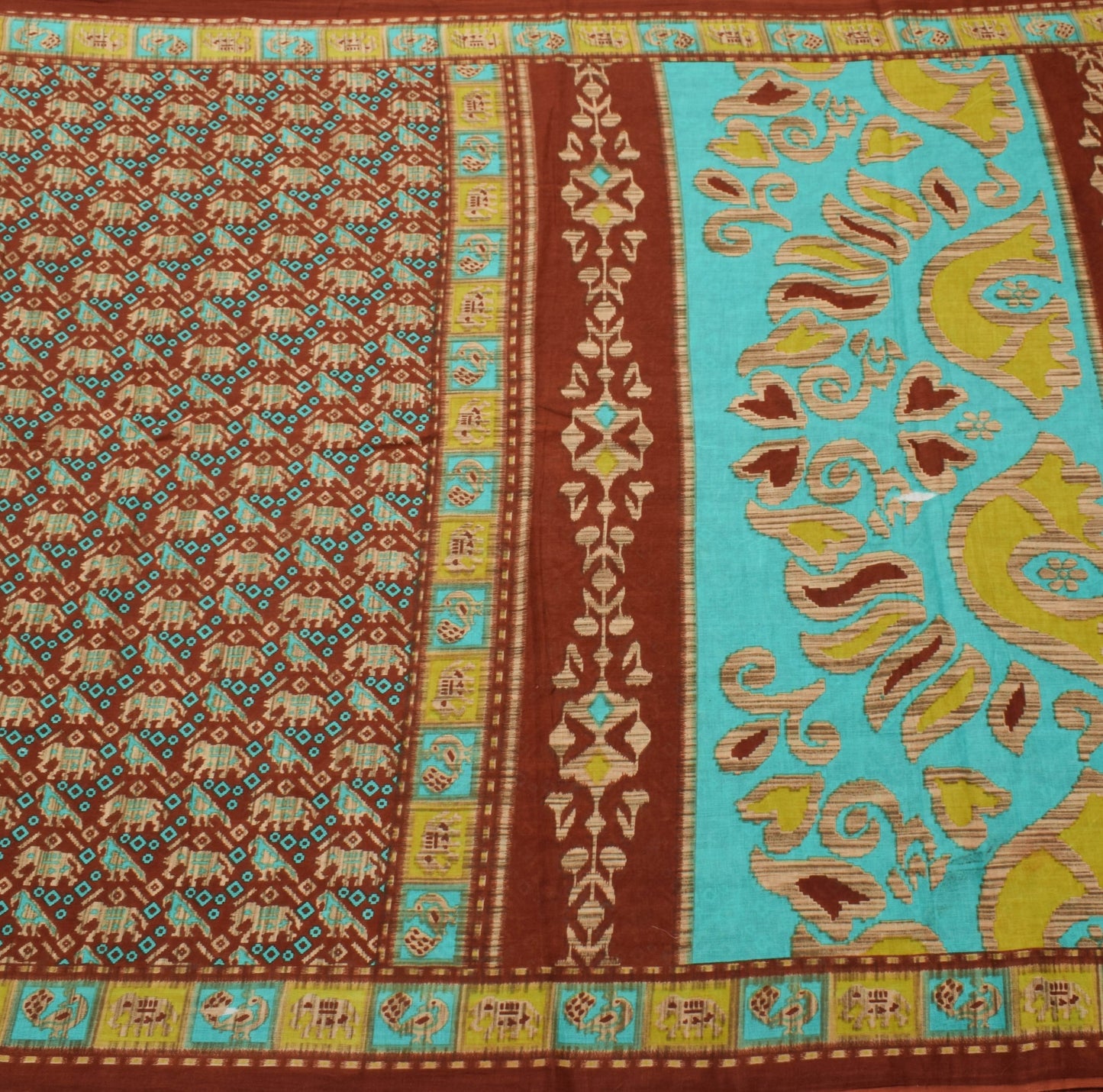 Sushila Vintage Brown Saree Pure Cotton Birds Animal Printed Soft Craft Fabric
