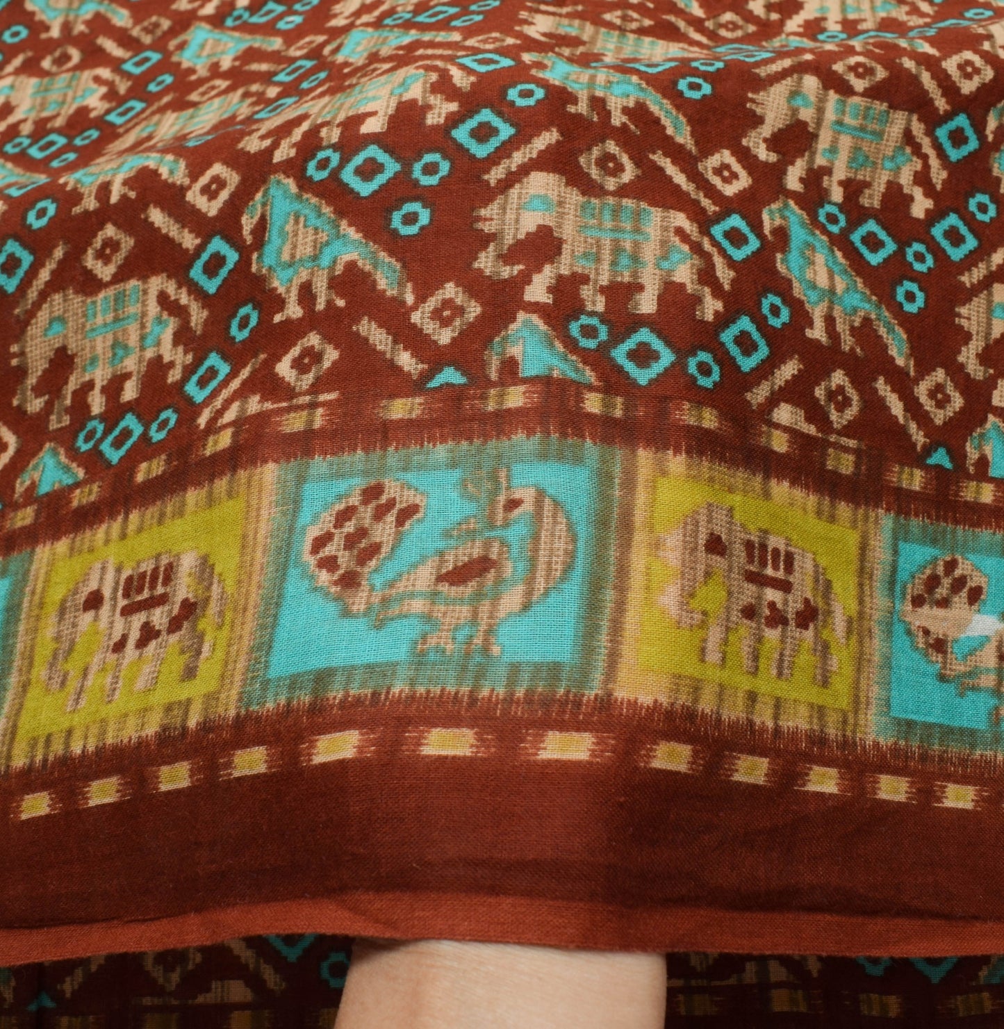 Sushila Vintage Brown Saree Pure Cotton Birds Animal Printed Soft Craft Fabric