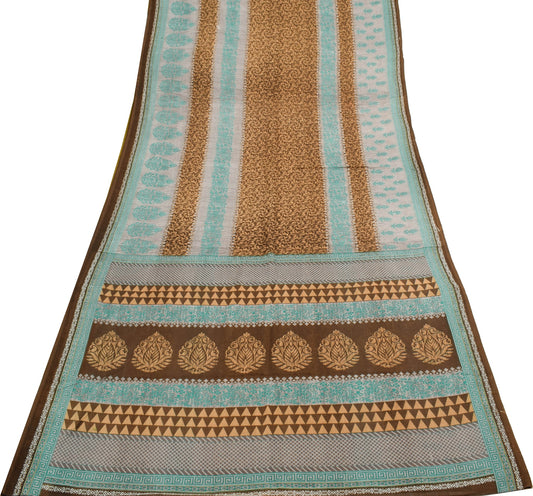Sushila Vintage Saree 100% Pure Cotton Printed Floral Brown Women Craft Fabric