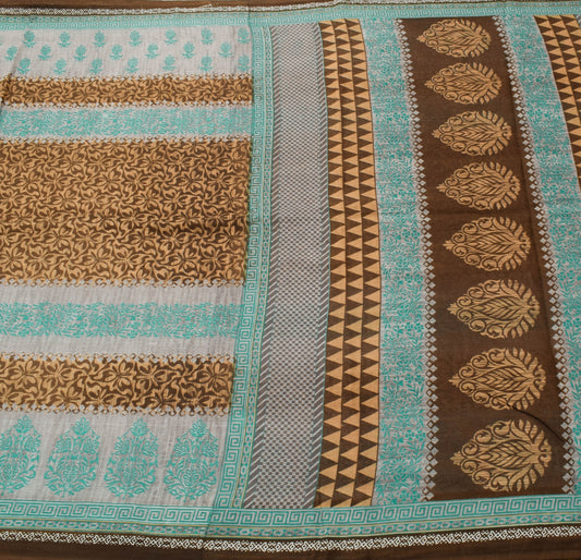 Sushila Vintage Saree 100% Pure Cotton Printed Floral Brown Women Craft Fabric