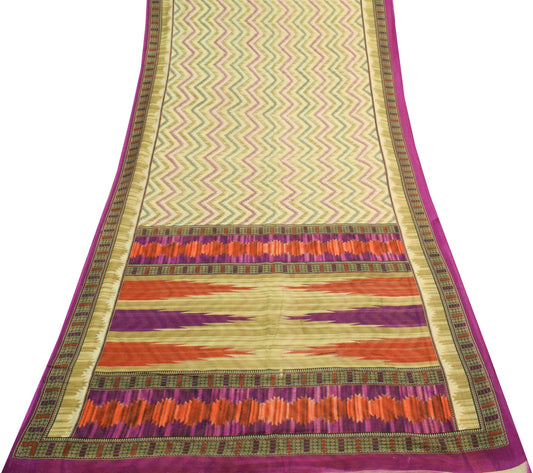 Sushila Vintage Cream Saree 100% Pure Cotton Zig-Zag Printed Soft Craft Fabric