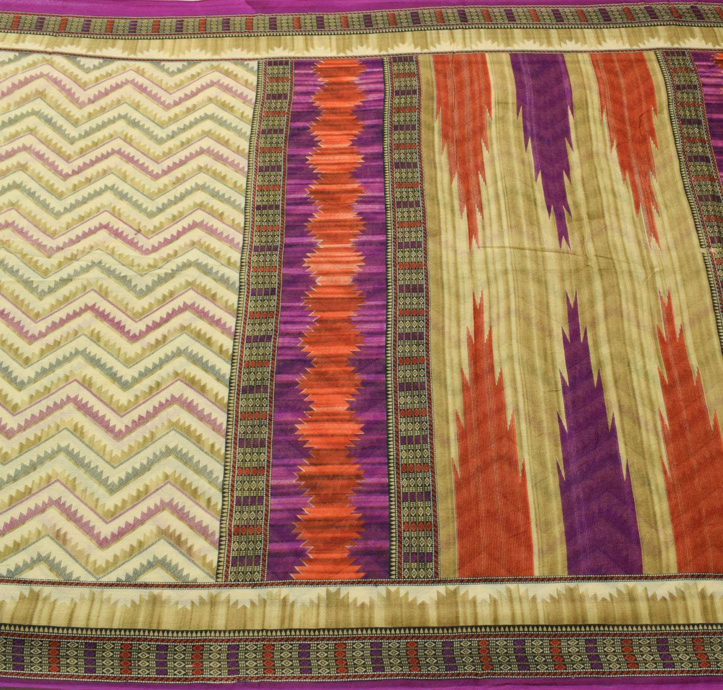 Sushila Vintage Cream Saree 100% Pure Cotton Zig-Zag Printed Soft Craft Fabric