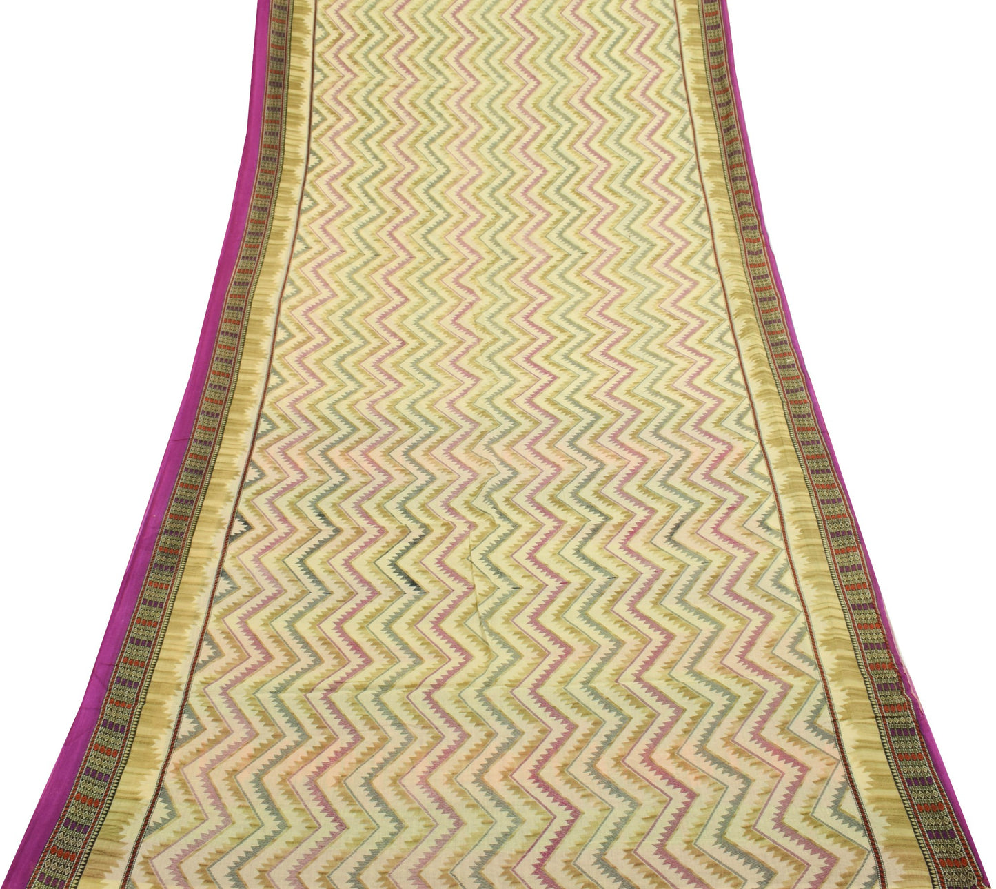 Sushila Vintage Cream Saree 100% Pure Cotton Zig-Zag Printed Soft Craft Fabric