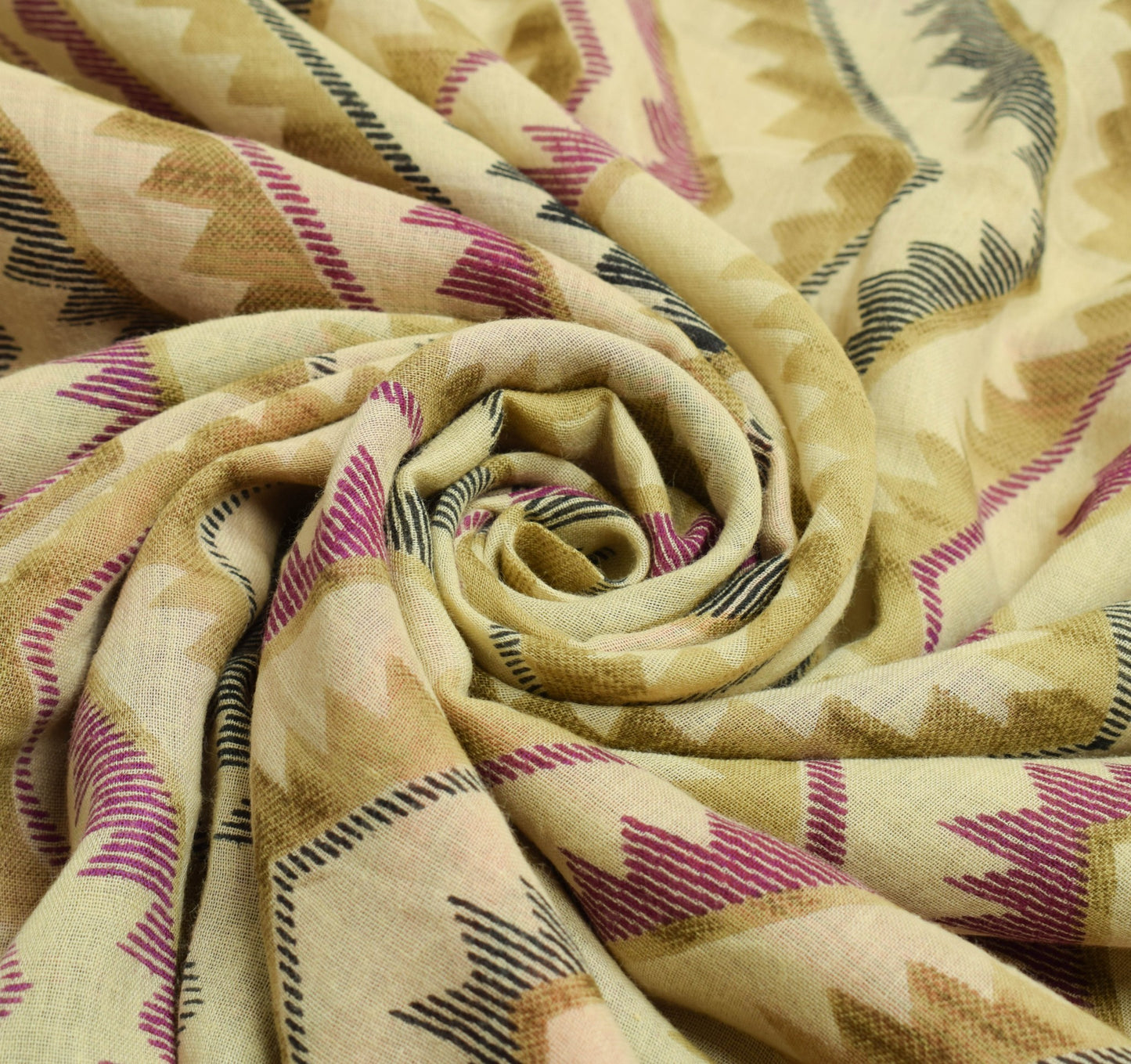 Sushila Vintage Cream Saree 100% Pure Cotton Zig-Zag Printed Soft Craft Fabric