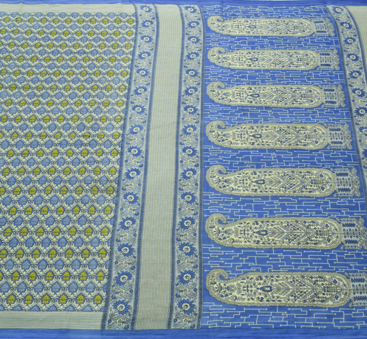Sushila Vintage Blue Cream Floral Saree 100% Pure Cotton Printed Craft Fabric