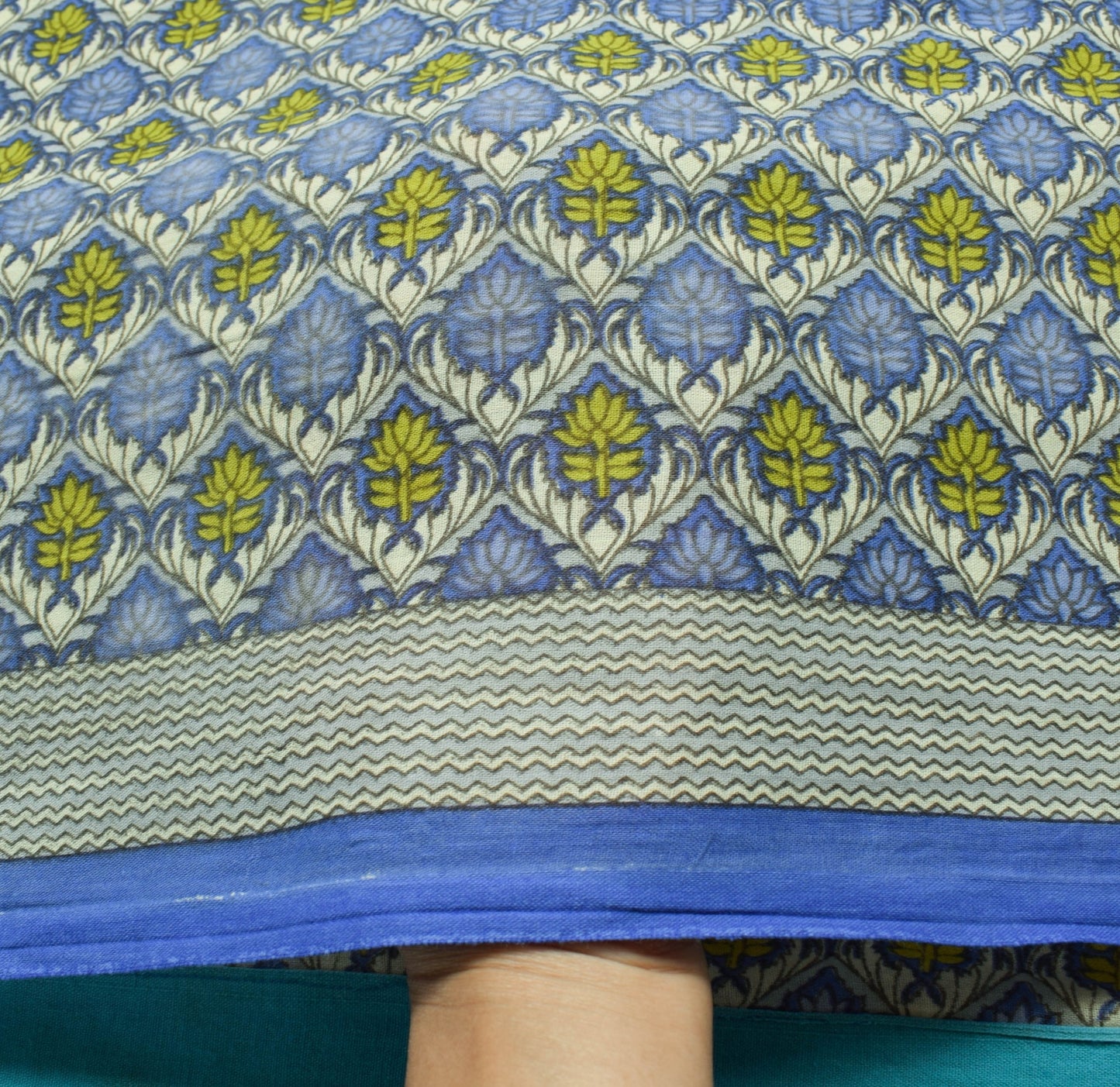 Sushila Vintage Blue Cream Floral Saree 100% Pure Cotton Printed Craft Fabric