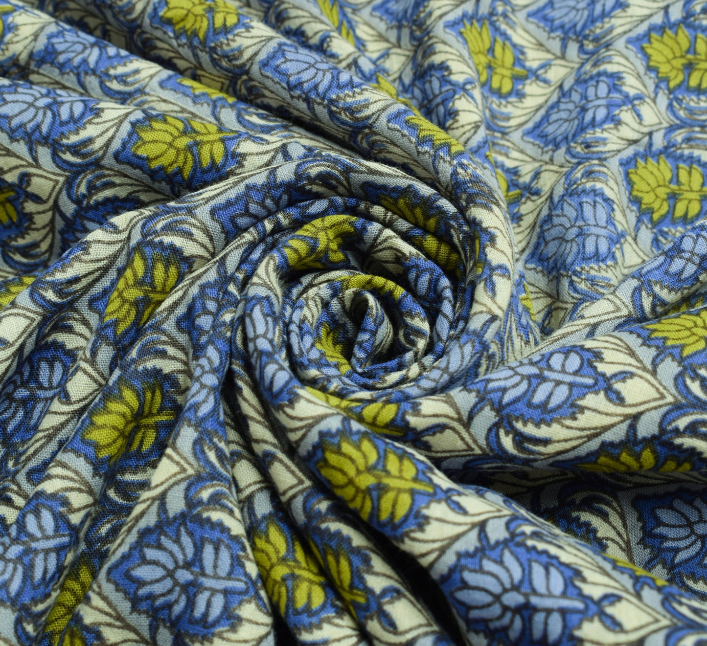 Sushila Vintage Blue Cream Floral Saree 100% Pure Cotton Printed Craft Fabric
