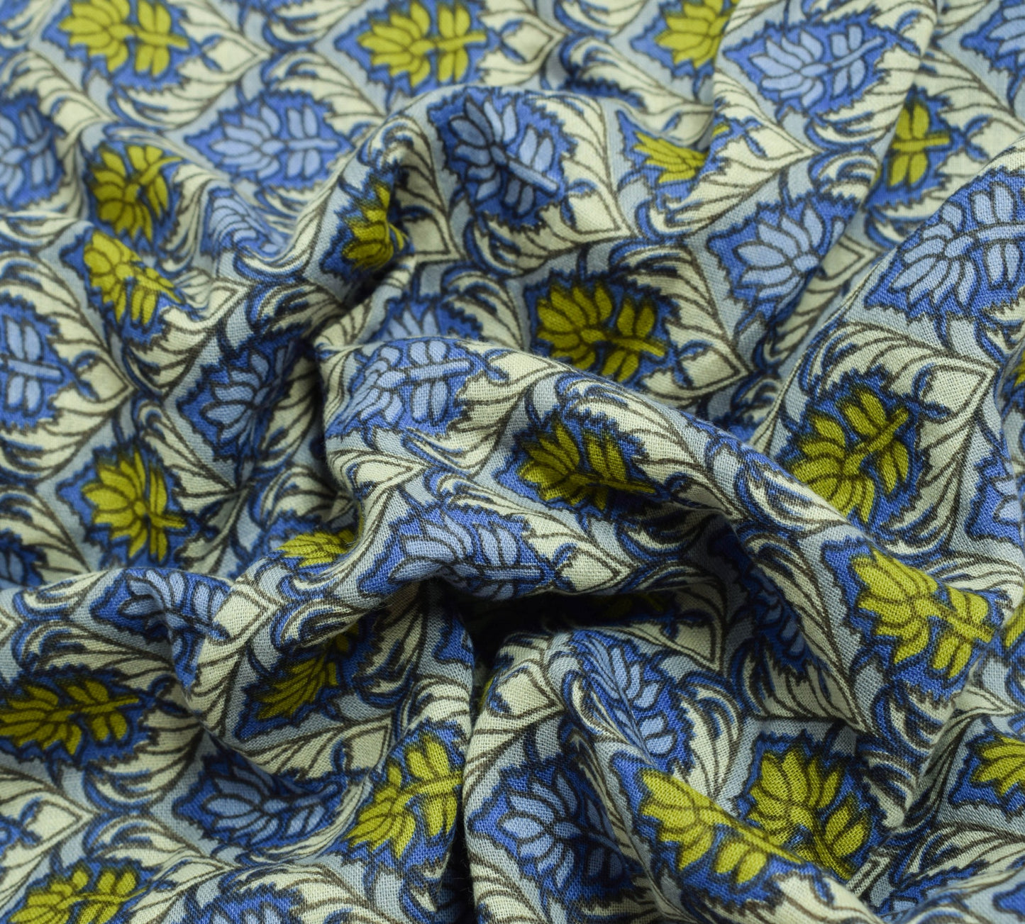 Sushila Vintage Blue Cream Floral Saree 100% Pure Cotton Printed Craft Fabric