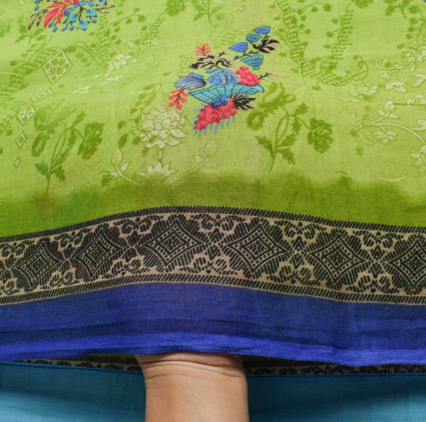 Sushila Vintage Green Floral Women Saree 100% Pure Cotton Printed Craft Fabric