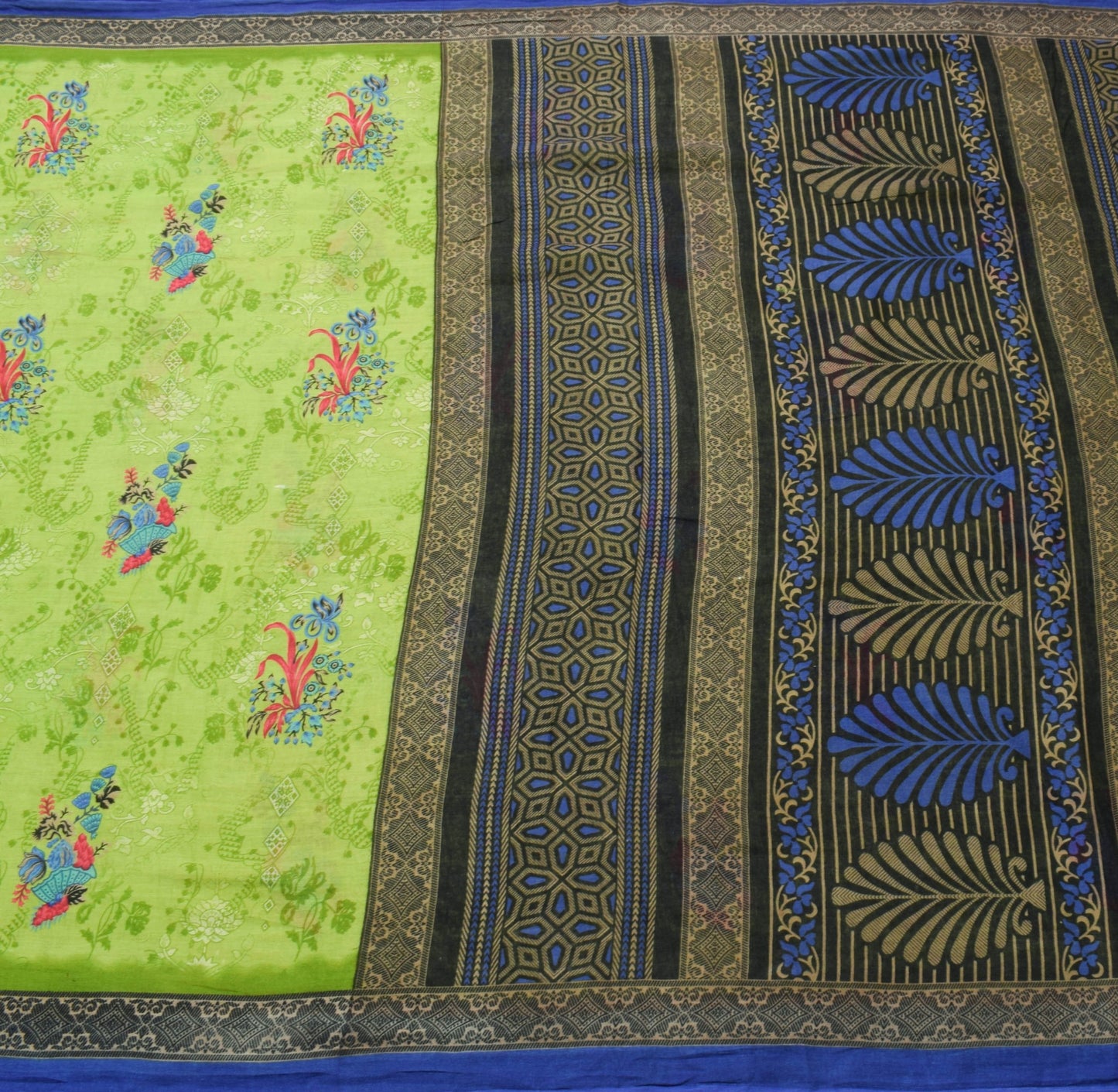 Sushila Vintage Green Floral Women Saree 100% Pure Cotton Printed Craft Fabric