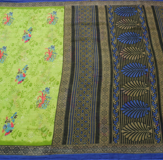 Sushila Vintage Green Floral Women Saree 100% Pure Cotton Printed Craft Fabric
