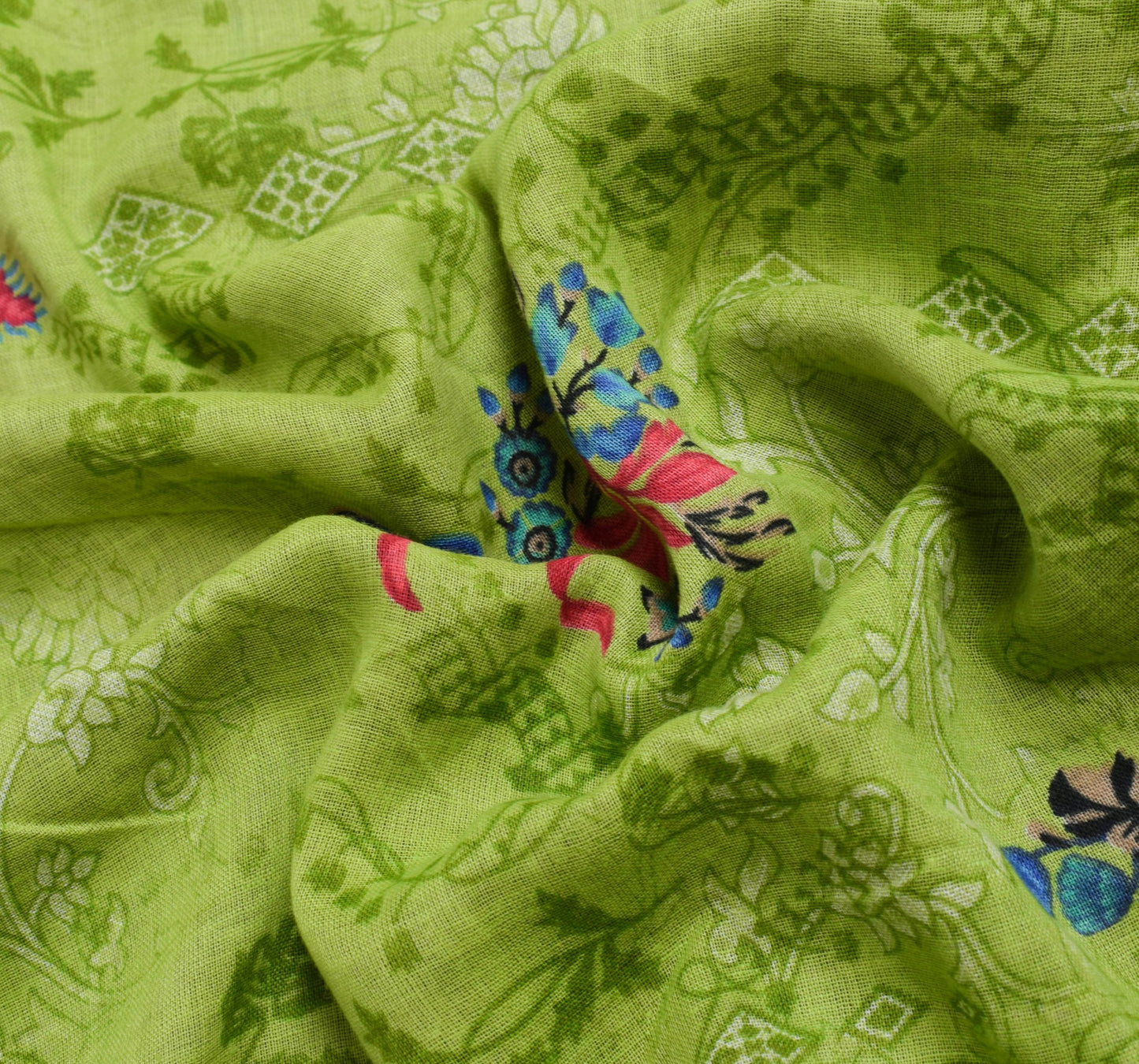 Sushila Vintage Green Floral Women Saree 100% Pure Cotton Printed Craft Fabric