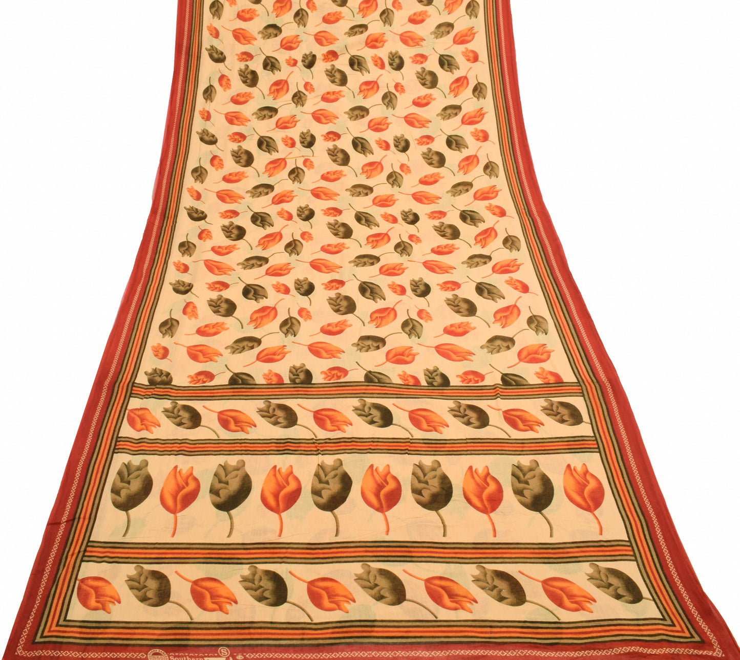 Sushila Vintage Beige Floral Saree 100% Pure Cotton Printed Soft Craft Fabric