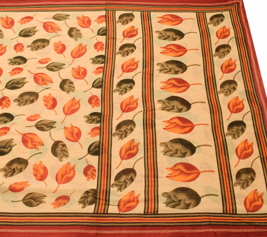 Sushila Vintage Beige Floral Saree 100% Pure Cotton Printed Soft Craft Fabric