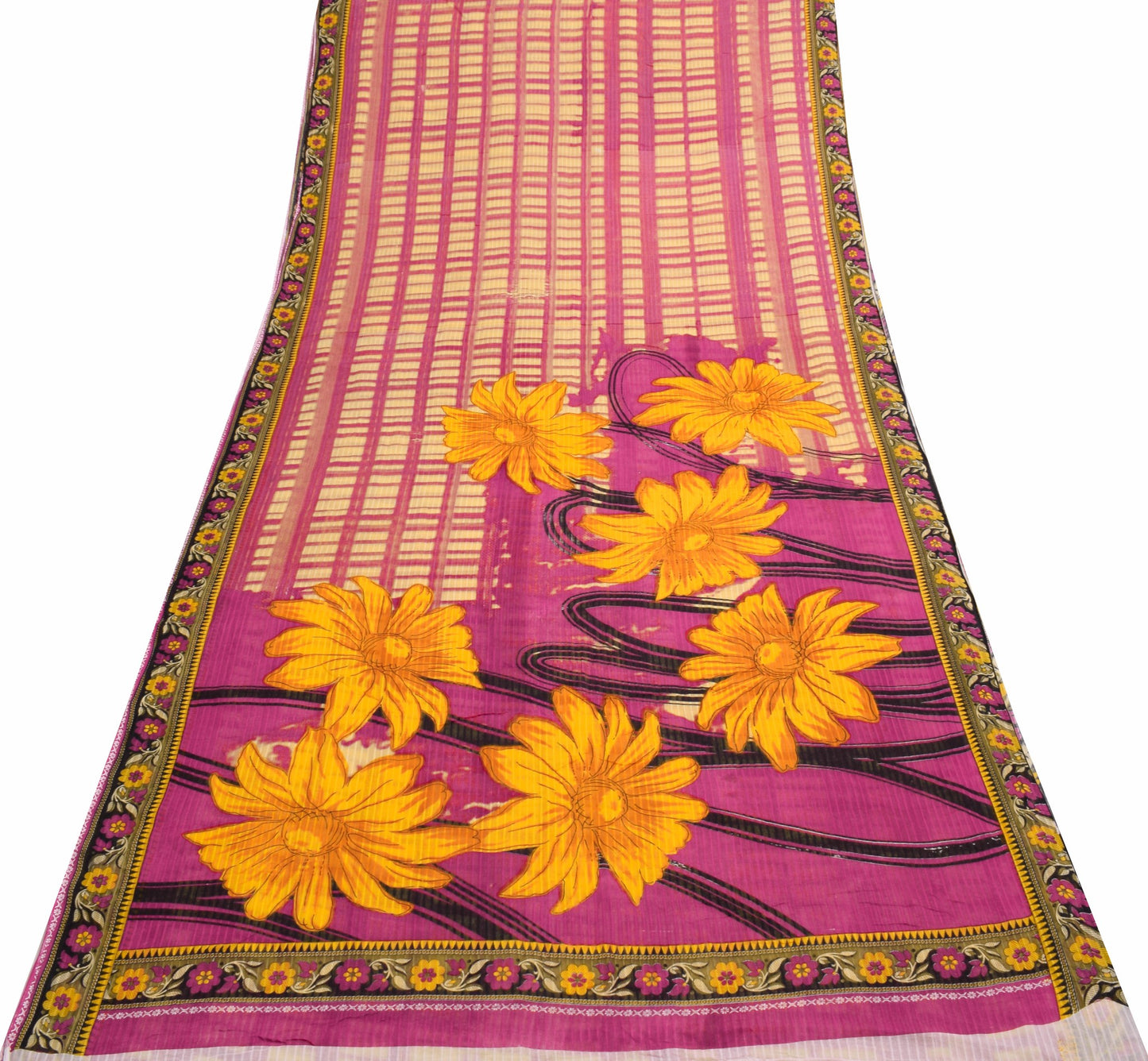 Sushila Vintage Women Saree 100% Pure Cotton Printed Cream Floral Craft Fabric