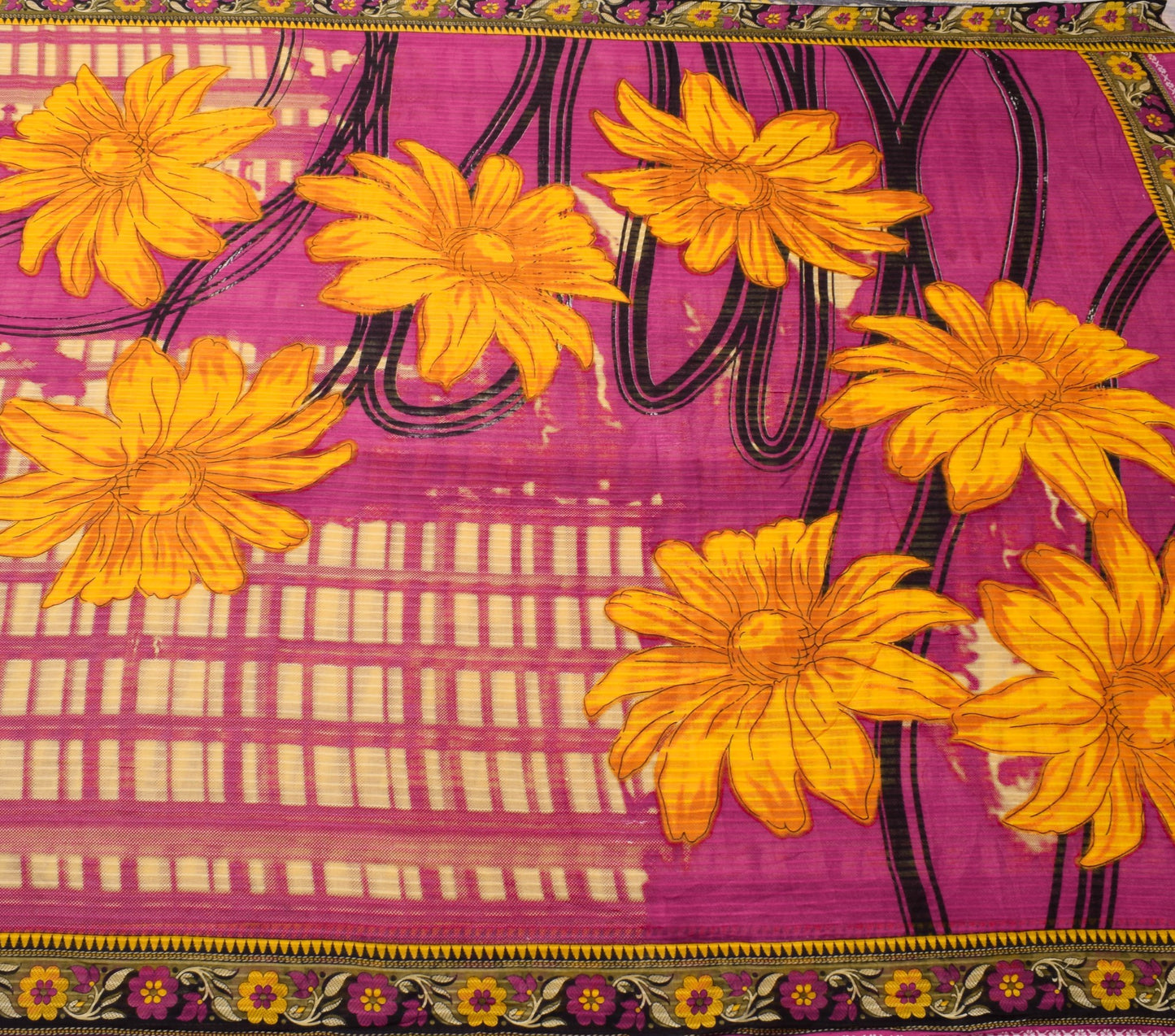 Sushila Vintage Women Saree 100% Pure Cotton Printed Cream Floral Craft Fabric