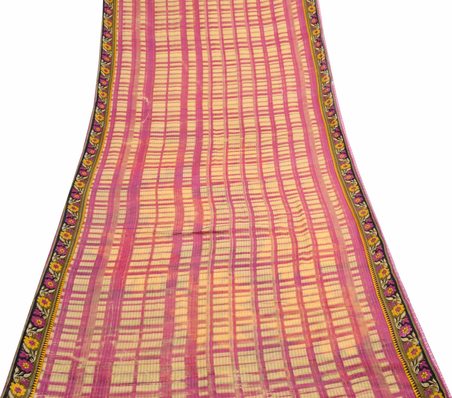Sushila Vintage Women Saree 100% Pure Cotton Printed Cream Floral Craft Fabric