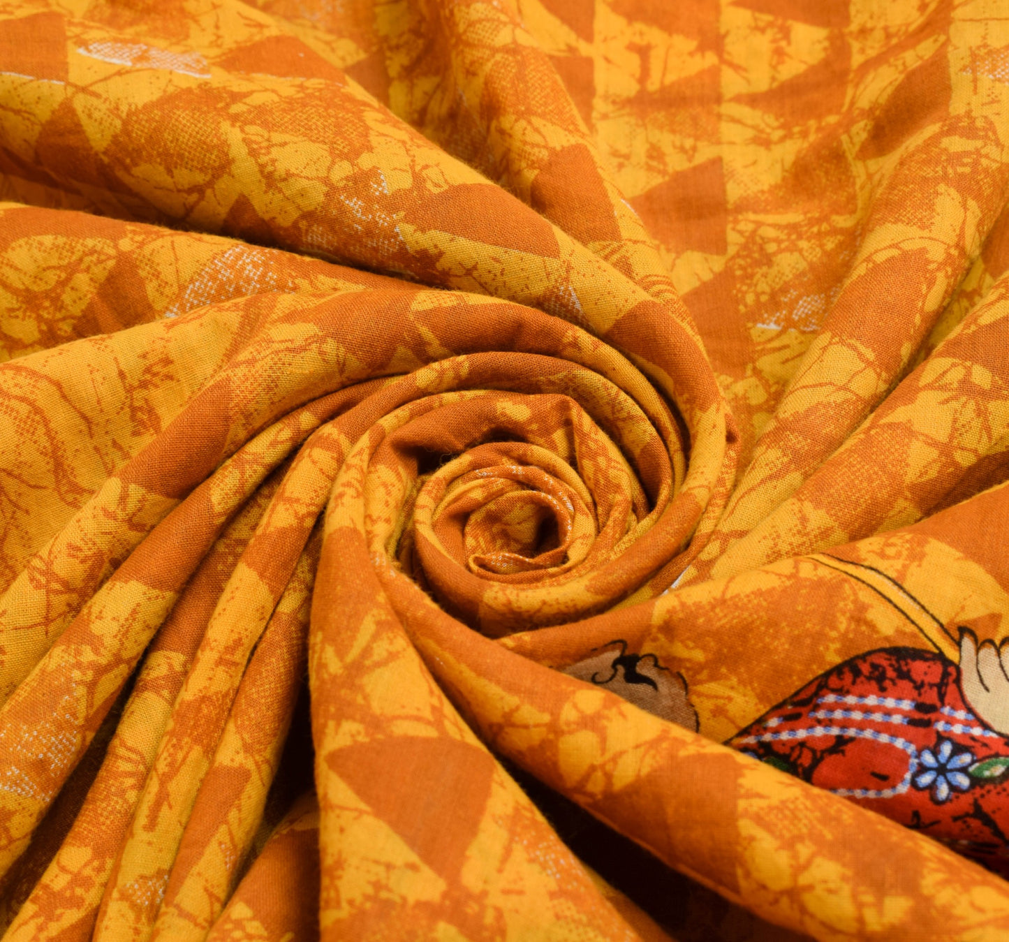 Sushila Vintage Yellow Antique Saree 100% Pure Cotton Printed Human Craft Fabric